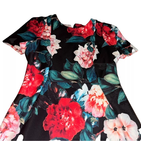 Calvin Klein Black Floral Short Sleeve Crew Neck Back Zip Sheath Dress Size 8 - Picture 2 of 9